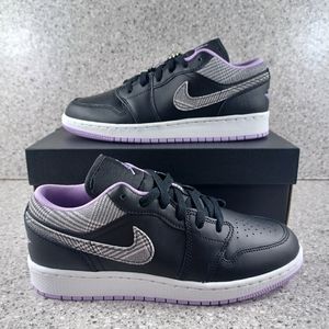 Nike Air Jordan 1 Mid Black Purple Houndstooth Sneaker - Size 6.5 Youth Shoes
